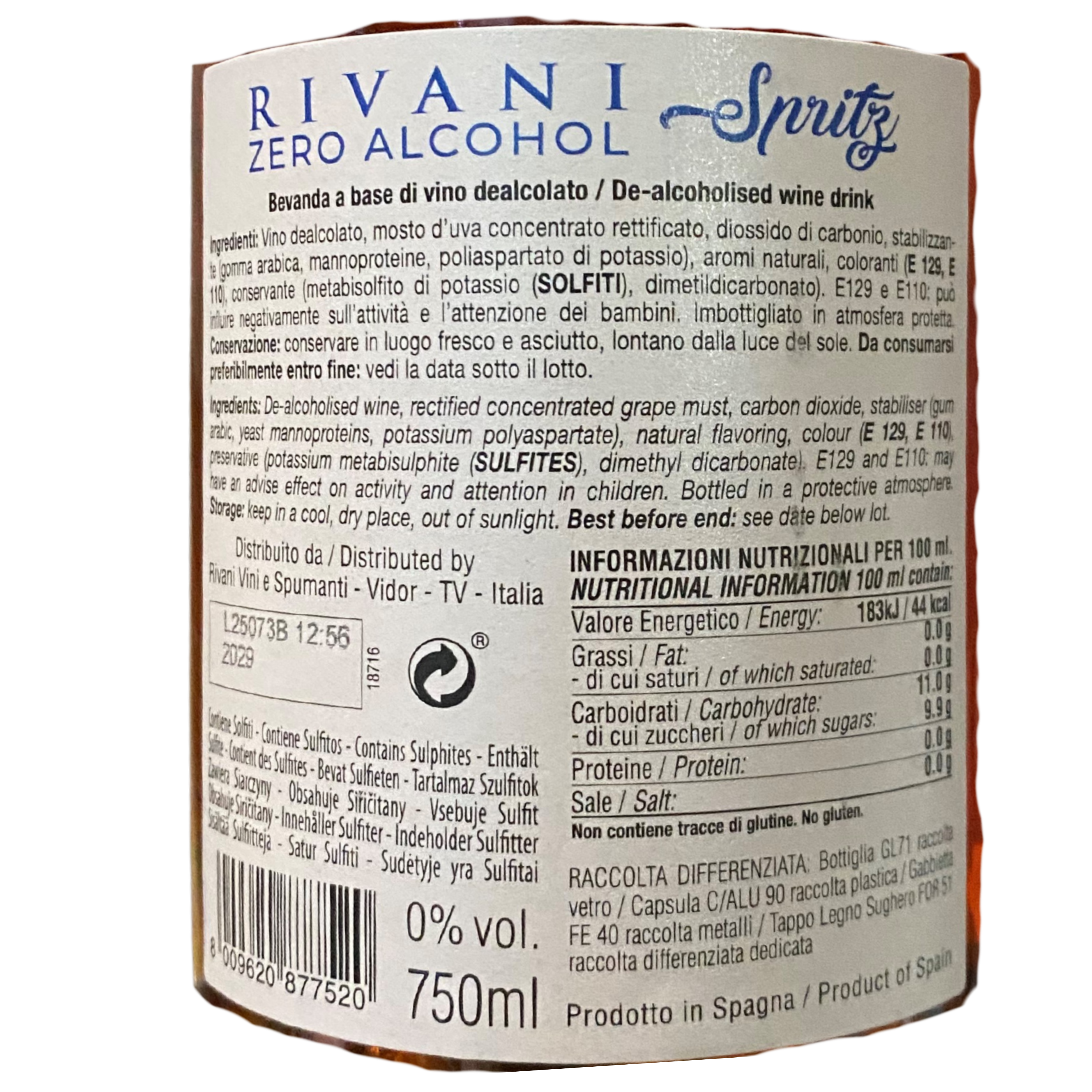 Rivani Spritz ZERO ALCOHOL Italien Schaumwein Mischgetränk alkoholfrei süß