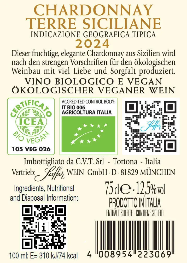 Bio-Chardonnay Terre Siciliane IGT "TerrAmore" Sizilien Weißwein trocken