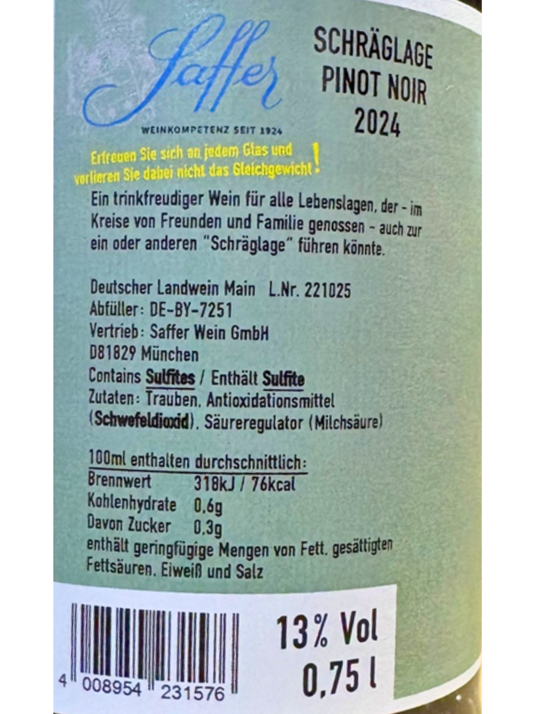 Schräglage Pinot Noir QbA trocken Franken Rotwein