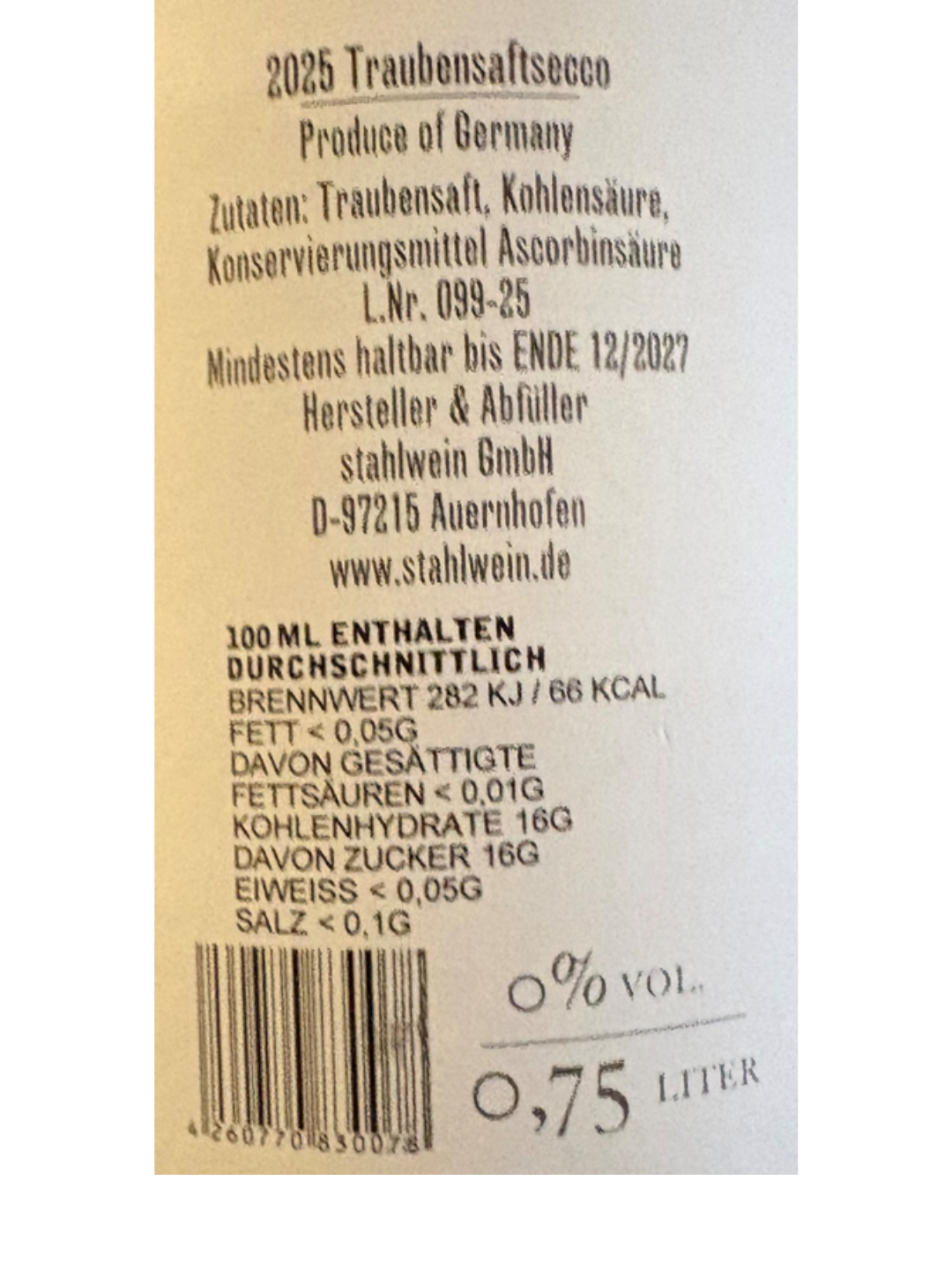 Stahl Nachschlag "Bubbles without Troubles!" Traubensecco alkoholfrei Franken