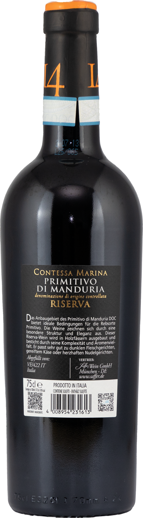 Primitivo di Manduria DOC Riserva "14" Contessa Marina Apulien Rotwein trocken (6 x 0,75 l)