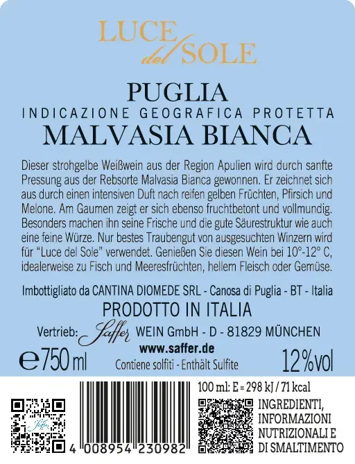 Malvasia Bianca Puglia IGT Luce del Sole Apulien Weißwein trocken